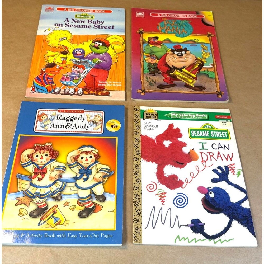 Vintage 90s Coloring Book Lot of 4 -Sesame Street, Taz-Mania, Raggedy Ann & Andy